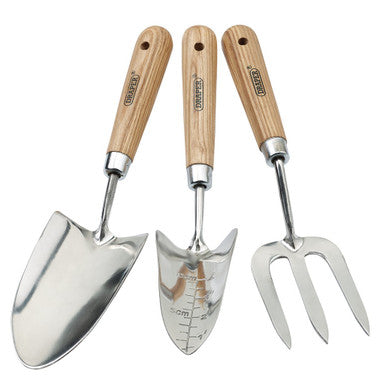 (D) Stainless Steel Hand Fork and Trowels Set with Ash Handles (3 Piece)