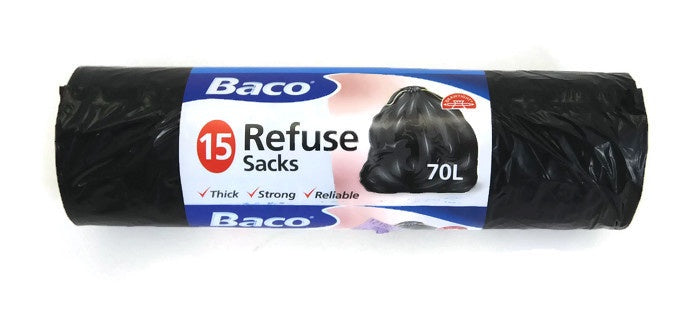 Baco Black Med Duty Bin Liner Refuse Sacks 70L 15pk