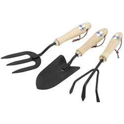 (D) Carbon Steel Hand Fork, Cultivator and Trowel with Hardwood Handles